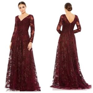 Mac Duggal 20409 Mahogany Deep Red Formal Evening Lace Long Sleeve Gown Womens 8